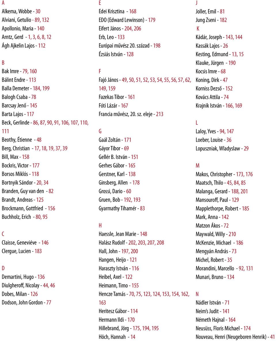 Borsos Miklós - 118 Bortnyik Sándor - 20, 34 Branden, Guy van den - 82 Brandt, Andreas - 125 Brockmann, Gottfried - 156 Buchholz, Erich - 80, 95 C Claisse, Geneviéve - 146 Clergue, Lucien - 183 D