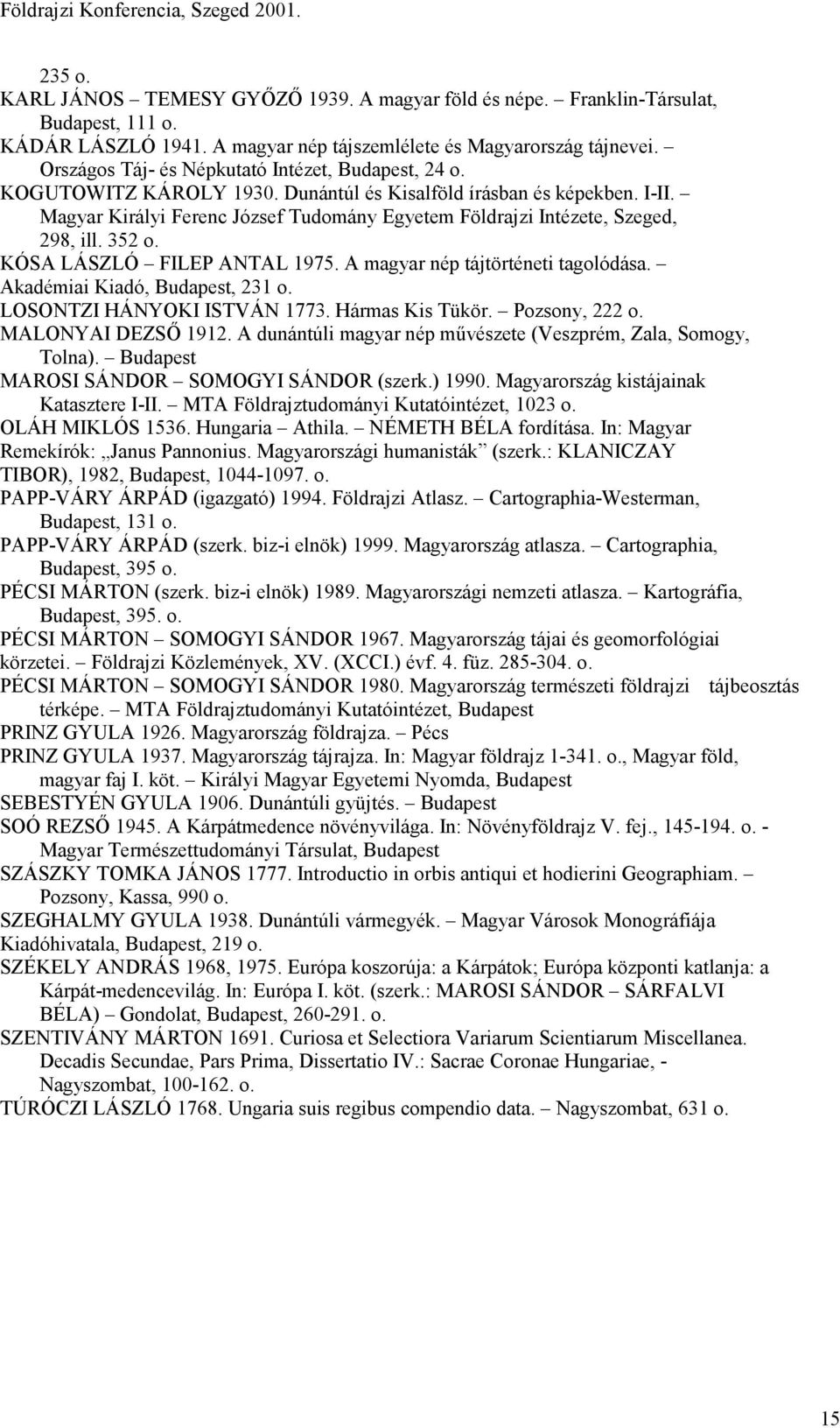 Magyar Királyi Ferenc József Tudomány Egyetem Földrajzi Intézete, Szeged, 298, ill. 352 o. KÓSA LÁSZLÓ FILEP ANTAL 1975. A magyar nép tájtörténeti tagolódása. Akadémiai Kiadó, Budapest, 231 o.