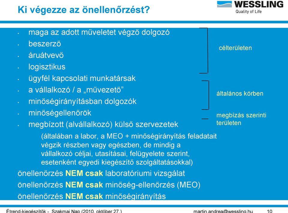 minőségellenőrök megbízott (alvállalkozó) külső szervezetek célterületen általános körben megbízás szerinti területen (általában a labor, a MEO +