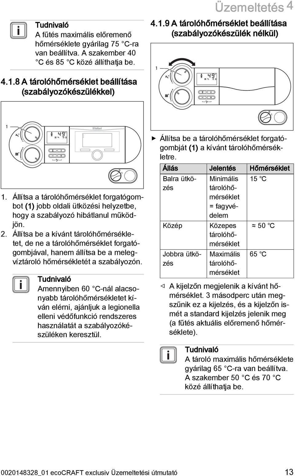 Állítsa a tárolóhőmérséklet forgatógombot (1) jobb oldali ütközési helyzetbe, hogy a szabályozó hibátlanul működjön. 2.