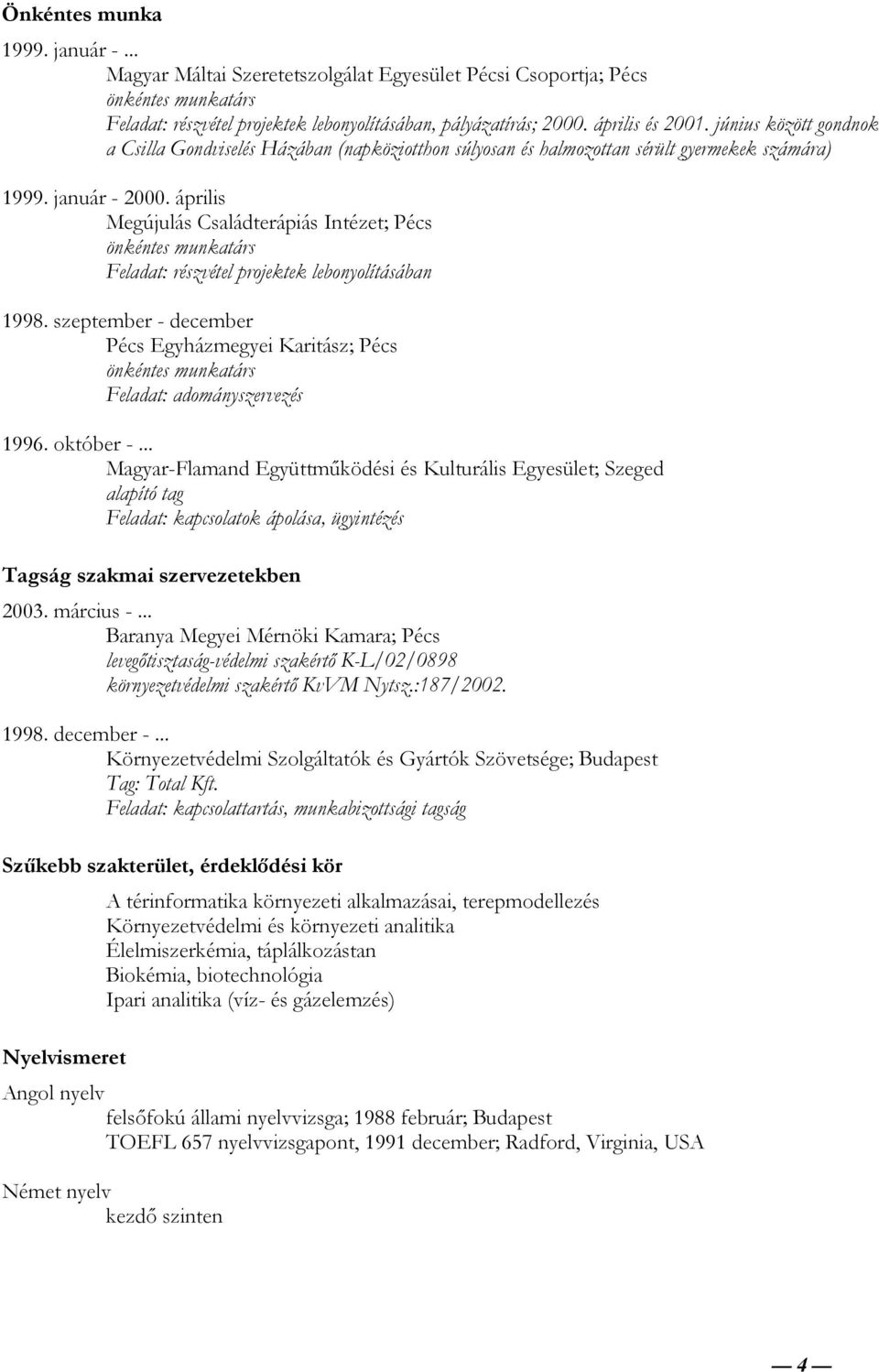 április Megújulás Családterápiás Intézet; Pécs Feladat: részvétel projektek lebonyolításában 1998. szeptember - december Pécs Egyházmegyei Karitász; Pécs Feladat: adományszervezés 1996. október -.