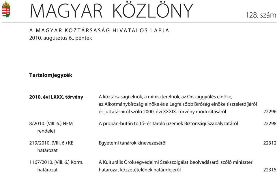 szóló 2000. évi XXXIX. törvény módosításáról 22296 8/2010. (VIII. 6.) NFM rendelet 219/2010. (VIII. 6.) KE határozat 1167/2010. (VIII. 6.) Korm.