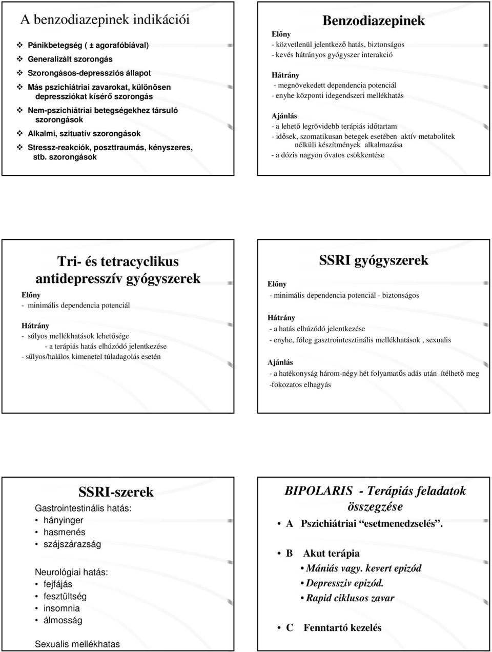 szorongások Benzodiazepinek Előny - közvetlenül jelentkező hatás, biztonságos - kevés hátrányos gyógyszer interakció Hátrány - megnövekedett dependencia potenciál - enyhe központi idegendszeri