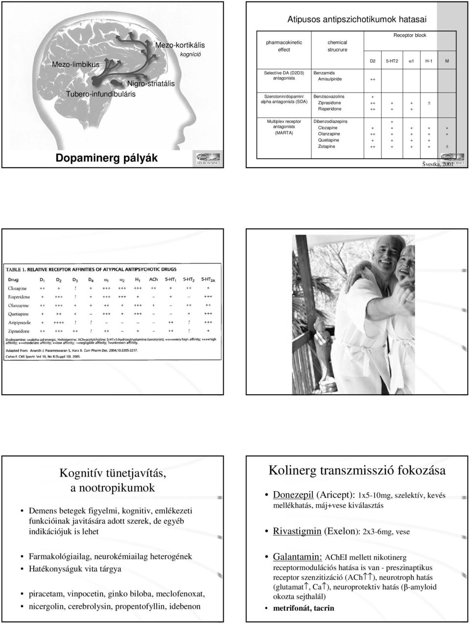 Dibenzodiazepins Clozapine Olanzapine Quetiapine Zotapine ± Švestka, 2001 Kognitív tünetjavítás, a nootropikumok Demens betegek figyelmi, kognitiv, emlékezeti funkcióinak javitására adott szerek, de