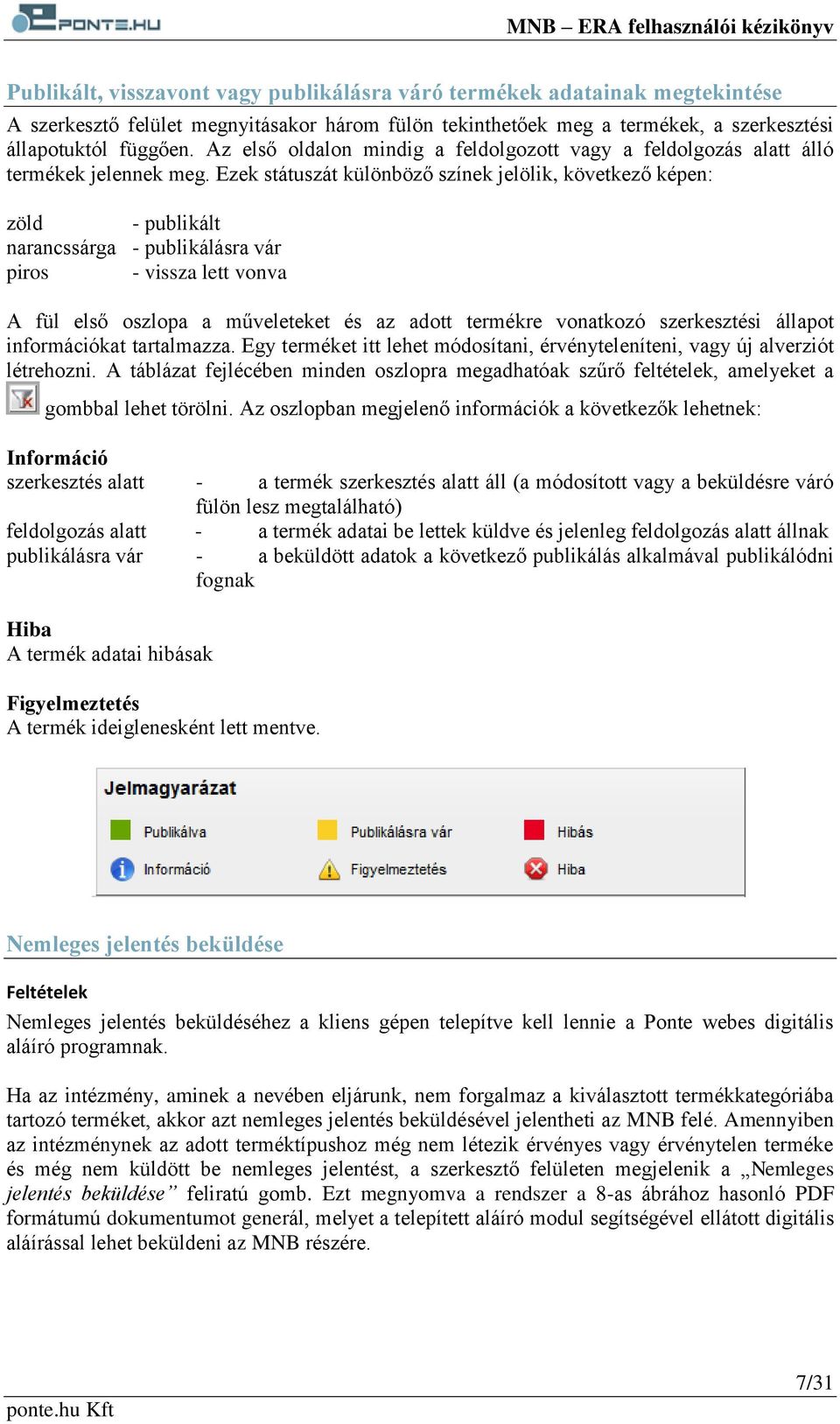 Ezek státuszát különböző színek jelölik, következő képen: zöld - publikált narancssárga - publikálásra vár piros - vissza lett vonva A fül első oszlopa a műveleteket és az adott termékre vonatkozó