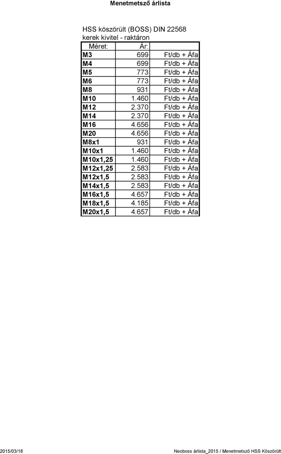 656 Ft/db + Áfa M8x1 931 Ft/db + Áfa M10x1 1.460 Ft/db + Áfa M10x1,25 1.460 Ft/db + Áfa M12x1,25 2.583 Ft/db + Áfa M12x1,5 2.