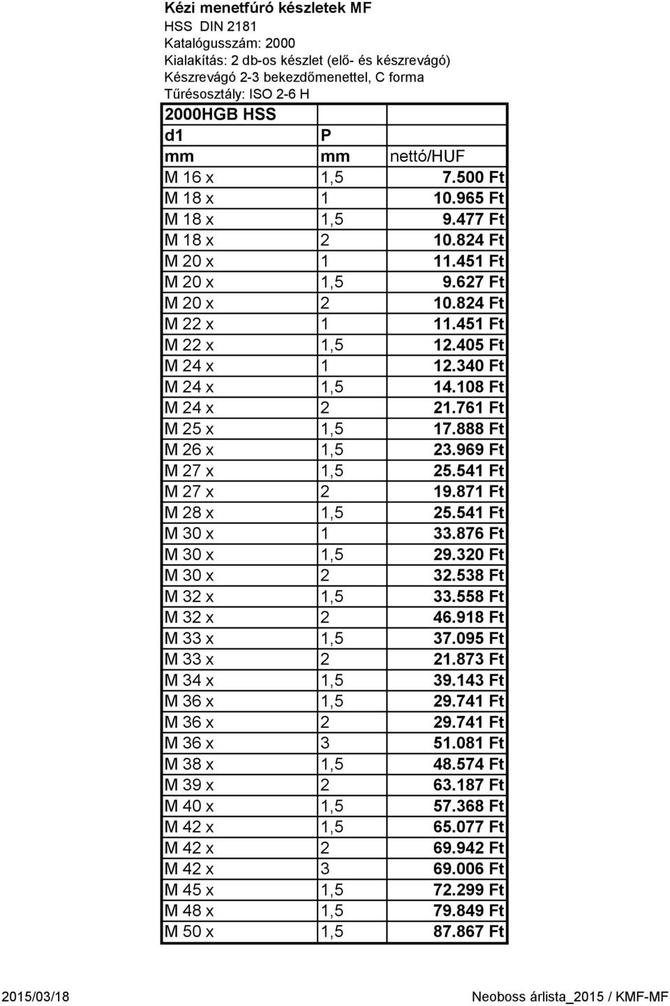 340 Ft M 24 x 1,5 14.108 Ft M 24 x 2 21.761 Ft M 25 x 1,5 17.888 Ft M 26 x 1,5 23.969 Ft M 27 x 1,5 25.541 Ft M 27 x 2 19.871 Ft M 28 x 1,5 25.541 Ft M 30 x 1 33.876 Ft M 30 x 1,5 29.