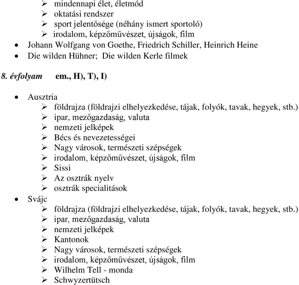 évfolyam, H), T), I) Ausztria nemzeti jelképek Bécs és nevezetességei Nagy városok, természeti szépségek Sissi