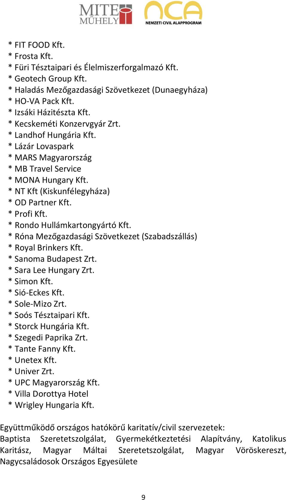 * Rondo Hullámkartongyártó Kft. * Róna Mezőgazdasági Szövetkezet (Szabadszállás) * Royal Brinkers Kft. * Sanoma Budapest Zrt. * Sara Lee Hungary Zrt. * Simon Kft. * Sió-Eckes Kft. * Sole-Mizo Zrt.