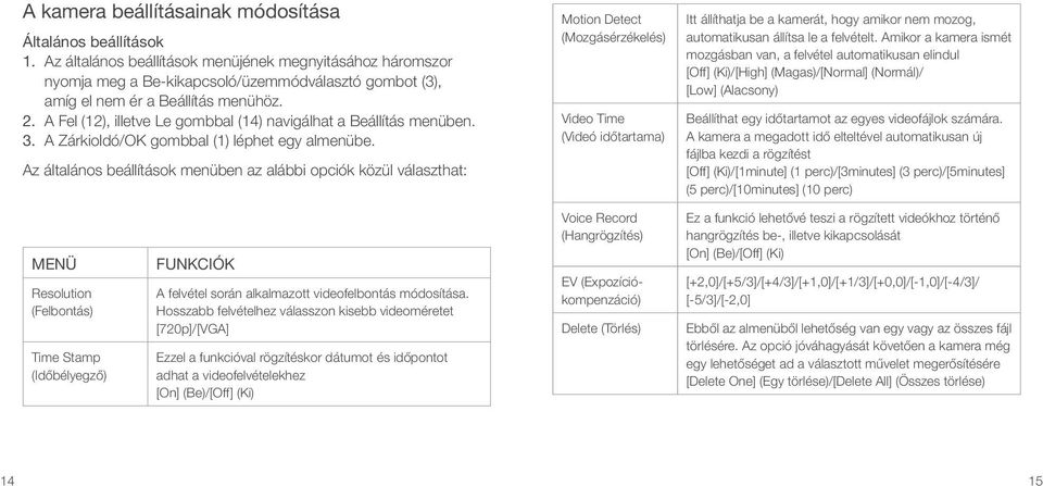 A Fel (12), illetve Le gombbal (14) navigálhat a Beállítás menüben. 3. A Zárkioldó/OK gombbal (1) léphet egy almenübe.