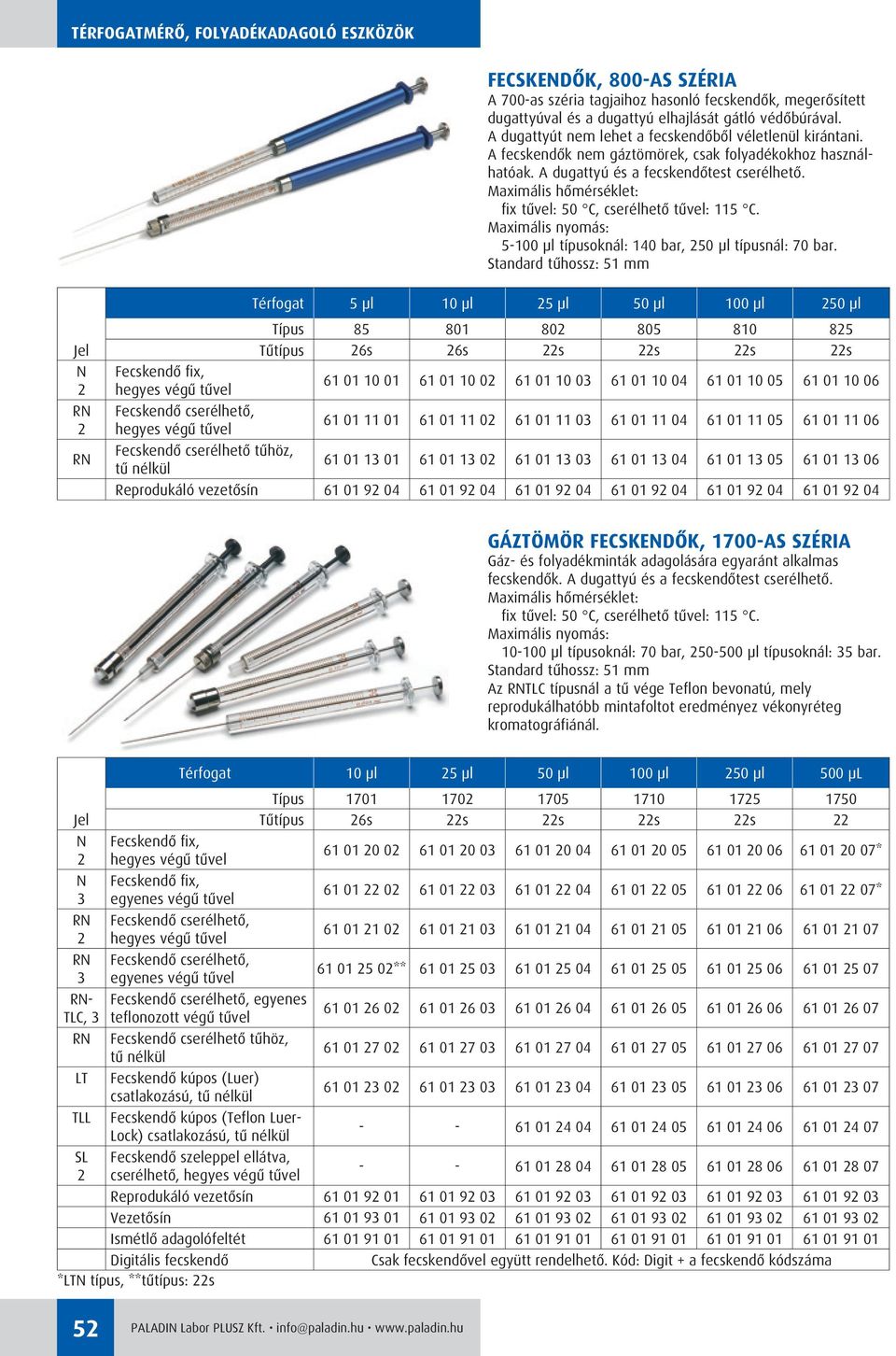 Maximális nyomás: 5-100 µl típusoknál: 140 bar, 250 µl típusnál: 70 bar.