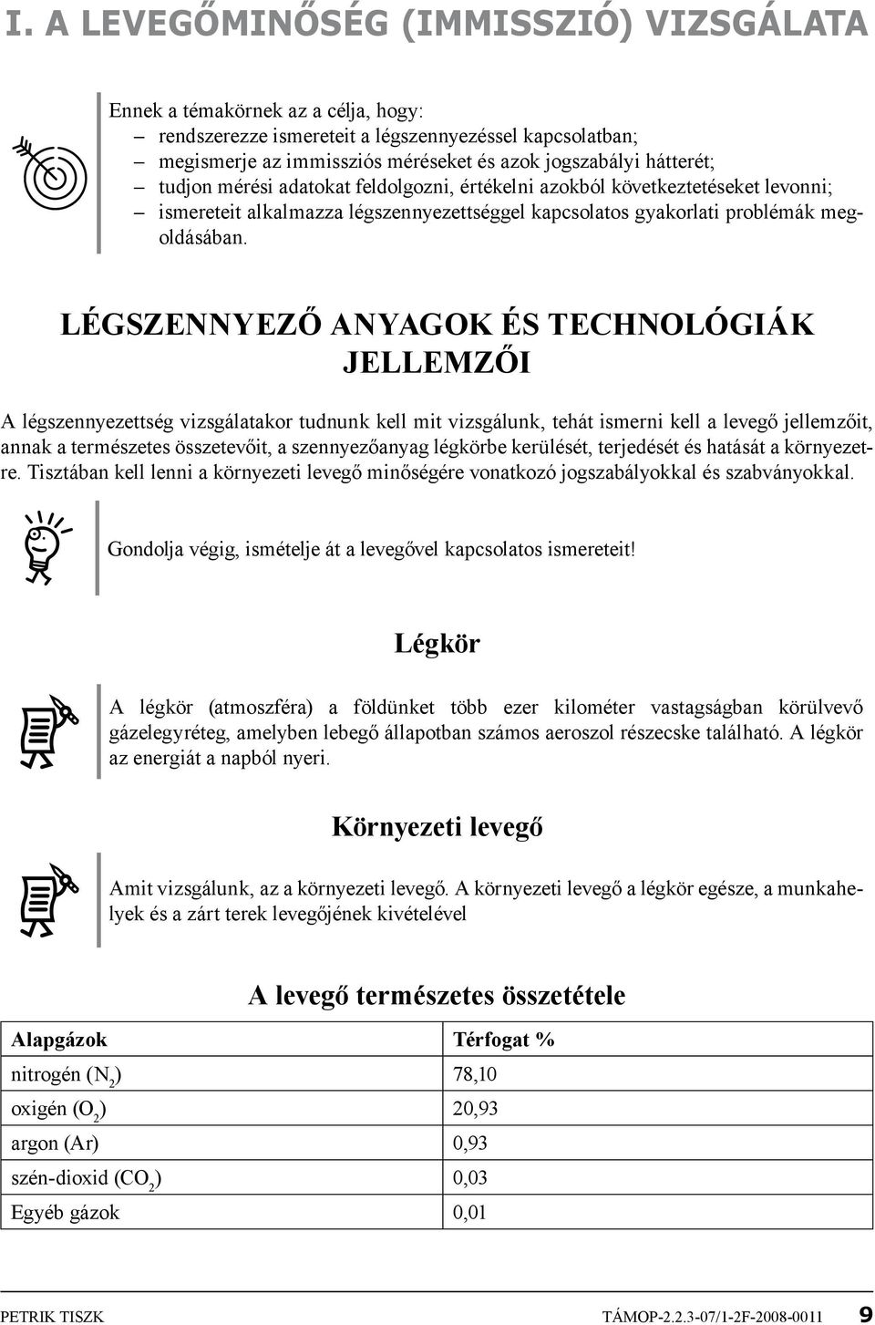 Légszennyező anyagok és technológiák jellemzői A légszennyezettség vizsgálatakor tudnunk kell mit vizsgálunk, tehát ismerni kell a levegő jellemzőit, annak a természetes összetevőit, a szennyezőanyag