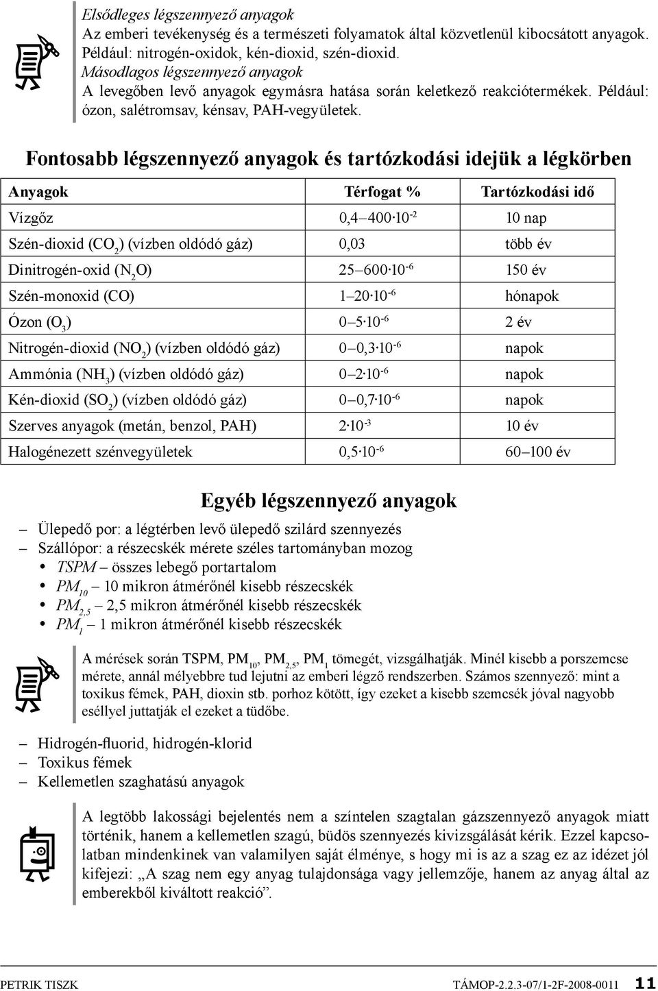 Fontosabb légszennyező anyagok és tartózkodási idejük a légkörben Anyagok Térfogat % Tartózkodási idő Vízgőz 0,4 400 10-2 10 nap Szén-dioxid (CO 2 ) (vízben oldódó gáz) 0,03 több év Dinitrogén-oxid