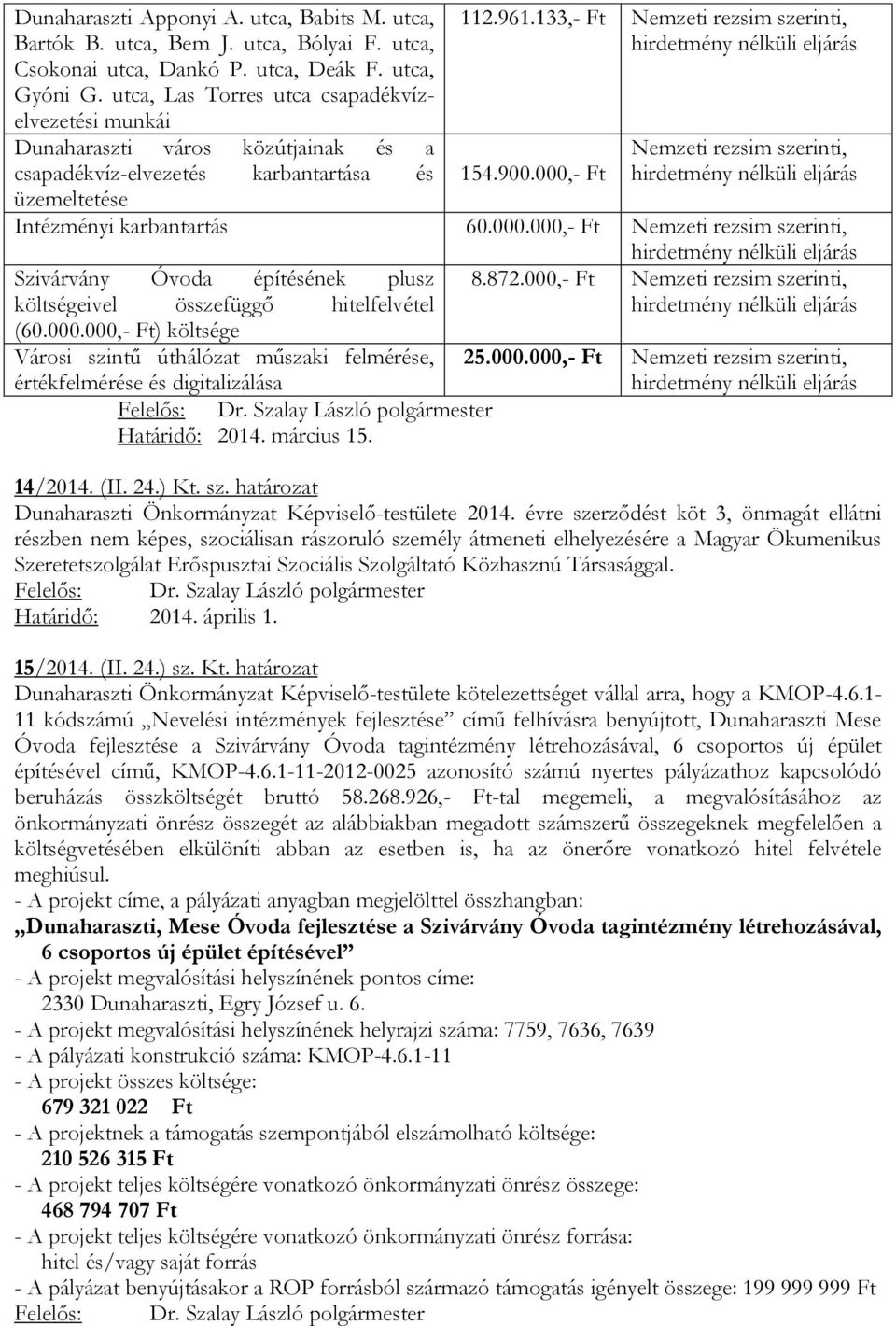 000,- Ft Nemzeti rezsim szerinti, Intézményi karbantartás 60.000.000,- Ft Nemzeti rezsim szerinti, Szivárvány Óvoda építésének plusz 8.872.