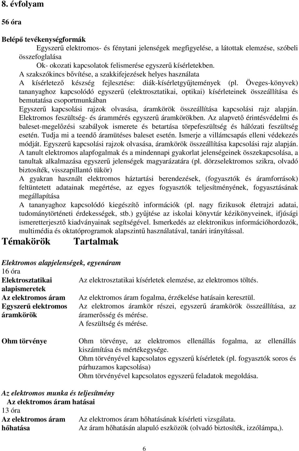 Öveges-könyvek) tananyaghoz kapcsolódó egyszerű (elektrosztatikai, optikai) kísérleteinek összeállítása és bemutatása csoportmunkában Egyszerű kapcsolási rajzok olvasása, áramkörök összeállítása