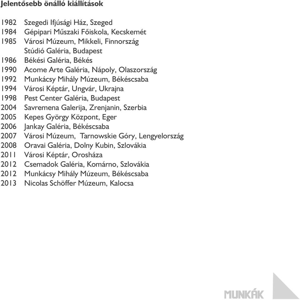 Budapest 2004 Savremena Galerija, Zrenjanin, Szerbia 2005 Kepes György Központ, Eger 2006 Jankay Galéria, Békéscsaba 2007 Városi Múzeum, Tarnowskie Góry, Lengyelország 2008