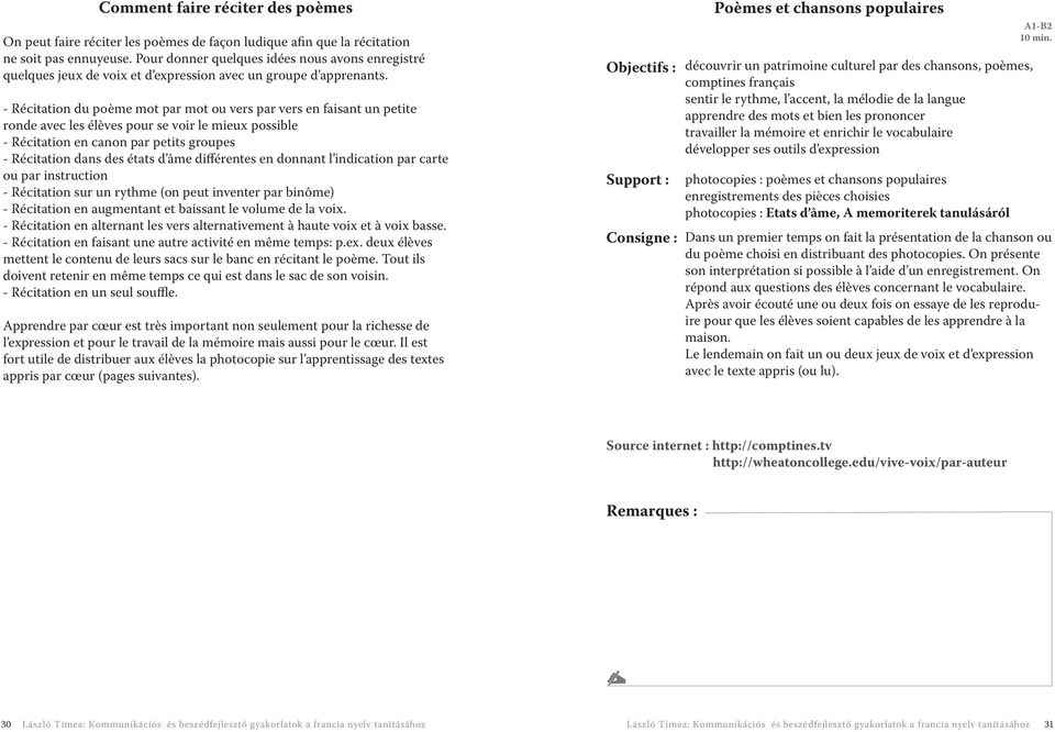 - Récitation du poème mot par mot ou vers par vers en faisant un petite ronde avec les élèves pour se voir le mieux possible - Récitation en canon par petits groupes - Récitation dans des états d âme