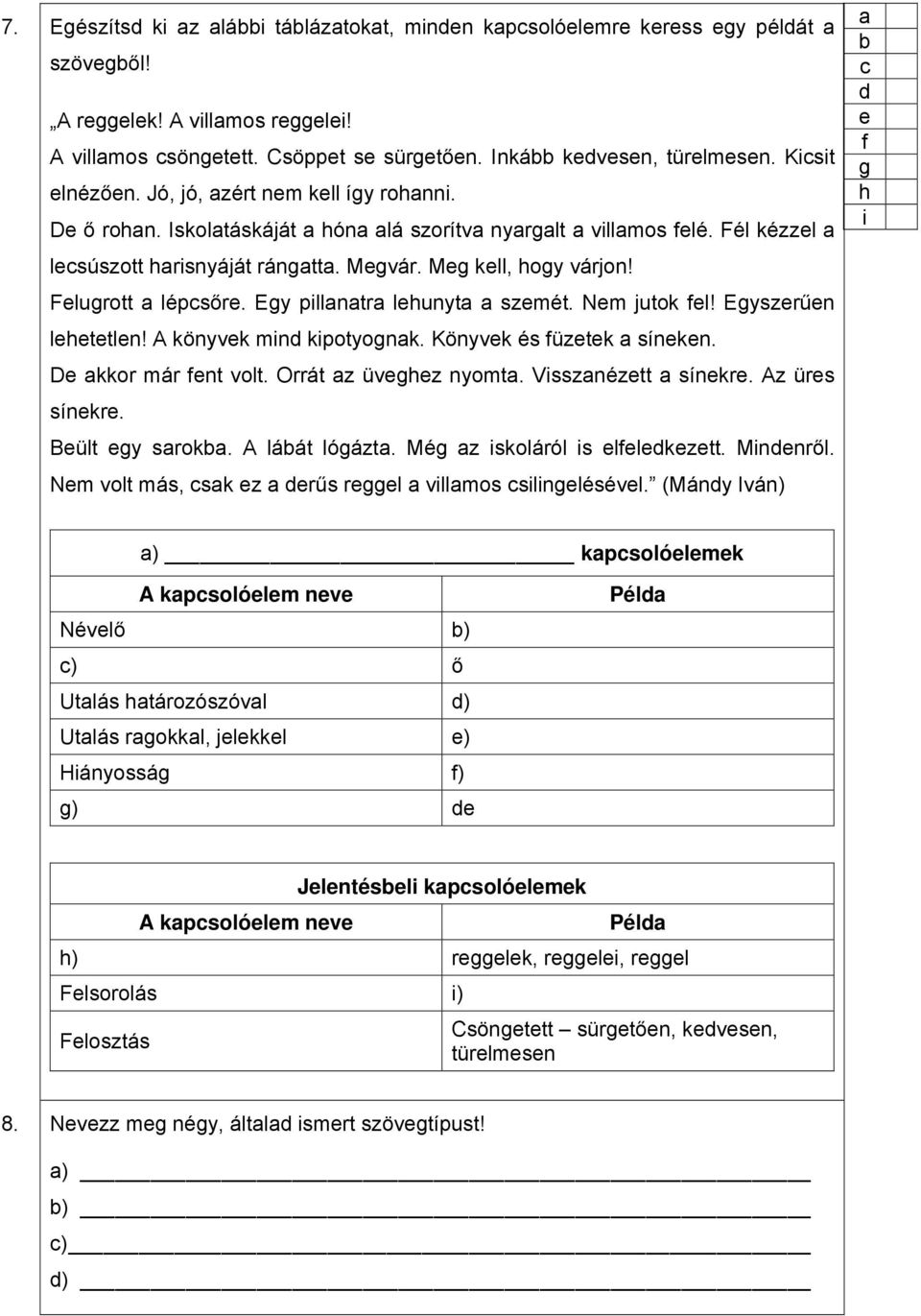 A könyvk min kipotyognk. Könyvk és üztk sínkn. D kkor már nt volt. Orrát z üvghz nyomt. Vissznéztt sínkr. Az ürs sínkr. Bült gy srok. A láát lógázt. Még z iskoláról is llkztt. Minnről.