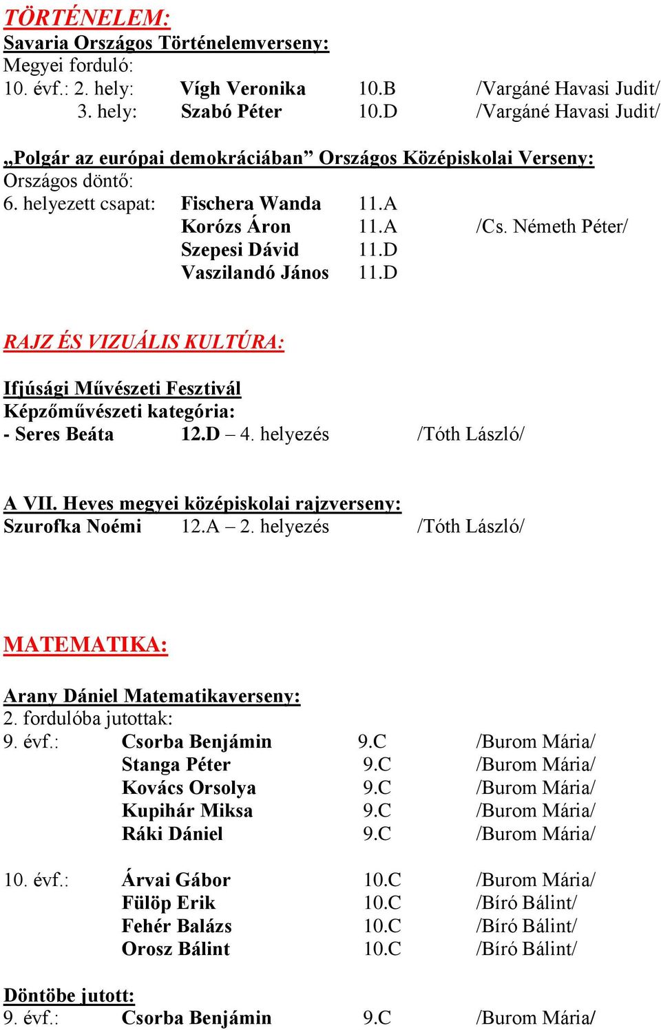 D Vaszilandó János 11.D RAJZ ÉS VIZUÁLIS KULTÚRA: Ifjúsági Művészeti Fesztivál Képzőművészeti kategória: - Seres Beáta 12.D 4. helyezés /Tóth László/ A VII.