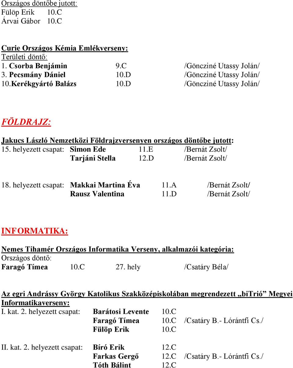 E /Bernát Zsolt/ Tarjáni Stella 12.D /Bernát Zsolt/ 18. helyezett csapat: Makkai Martina Éva 11.A /Bernát Zsolt/ Rausz Valentina 11.