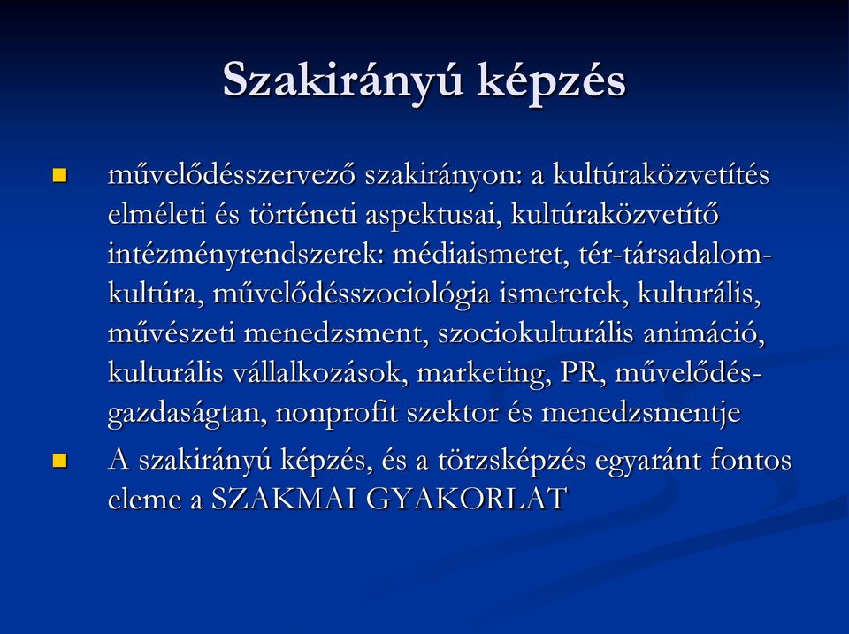 kulturális, művészeti menedzsment, szociokulturális animáció, kulturális vállalkozások, marketing, PR,