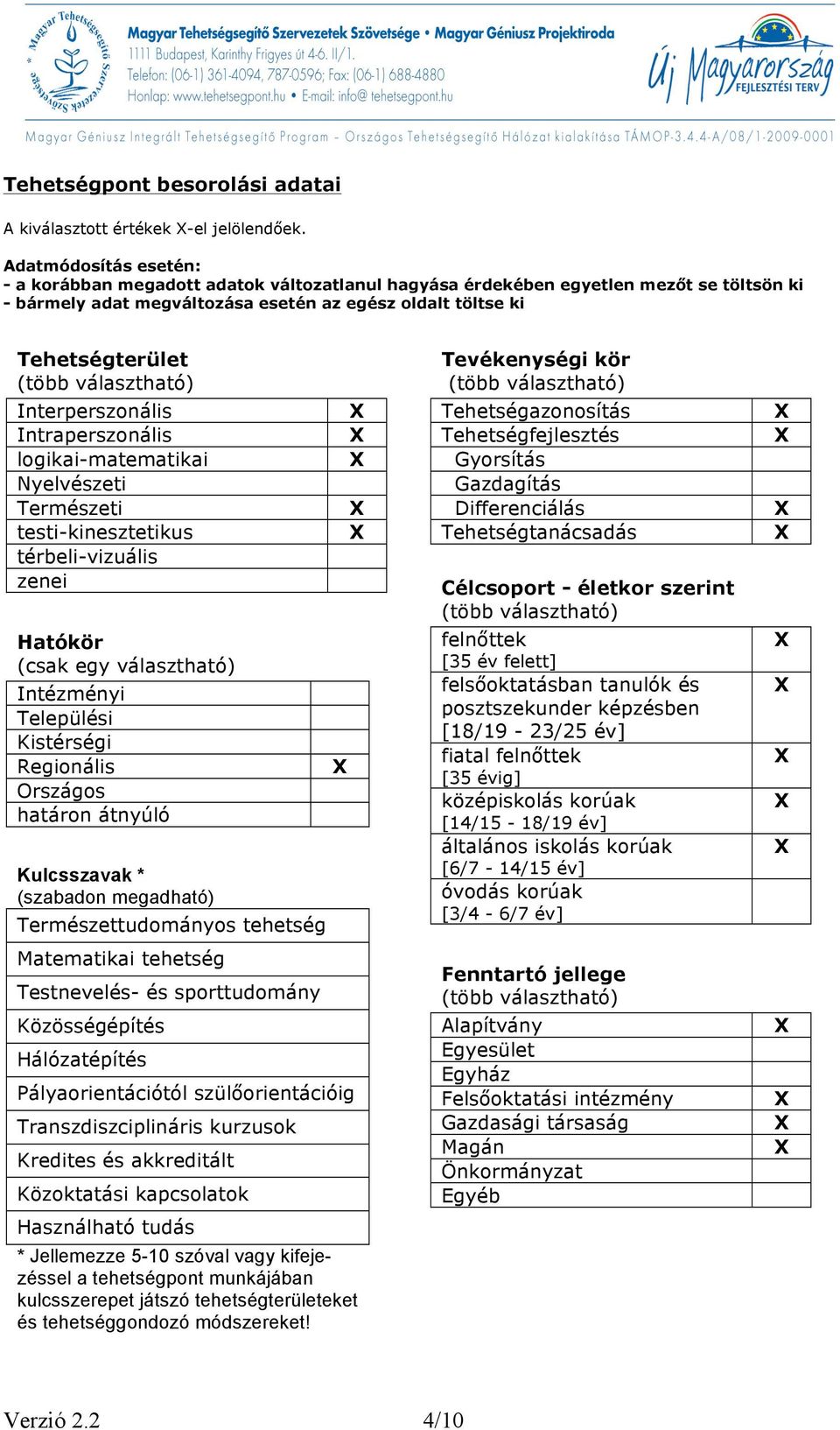 választható) Interperszonális Intraperszonális logikai-matematikai Nyelvészeti Természeti testi-kinesztetikus térbeli-vizuális zenei Hatókör (csak egy választható) Intézményi Települési Kistérségi