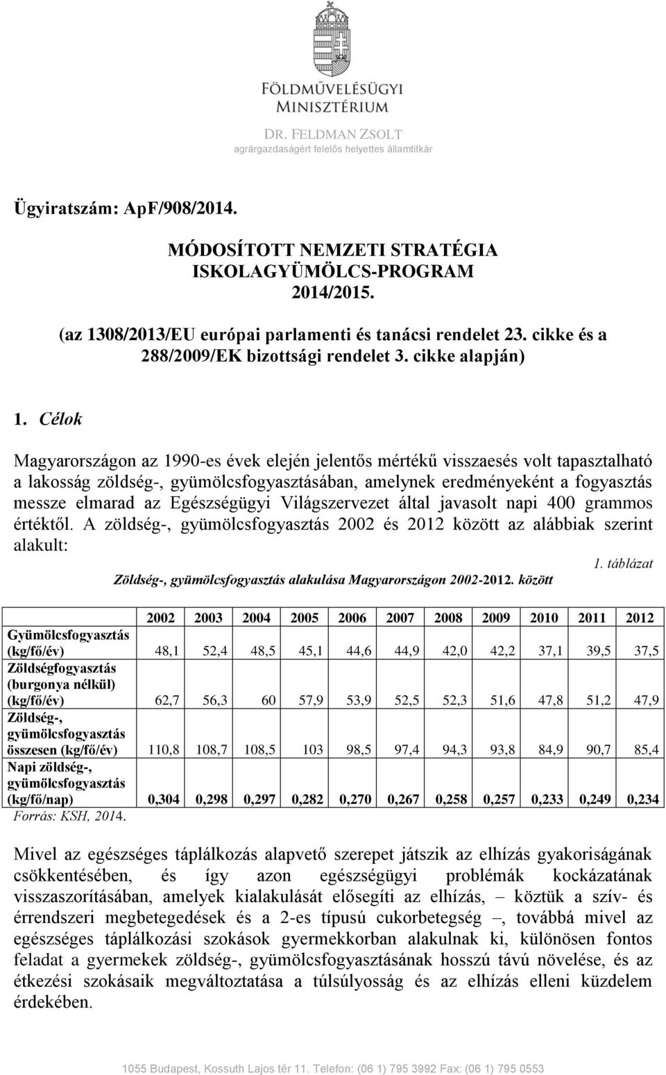 Célok Magyarországon az 1990-es évek elején jelentős mértékű visszaesés volt tapasztalható a lakosság zöldség-, gyümölcsfogyasztásában, amelynek eredményeként a fogyasztás messze elmarad az