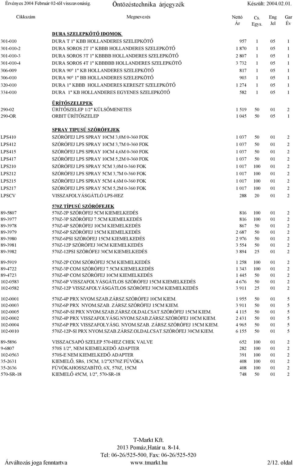 HOLLANDERES SZELEPKÖTŐ 903 1 05 1 320-010 DURA 1" KBBB HOLLANDERES KERESZT SZELEPKÖTŐ 1 274 1 05 1 334-010 DURA 1" KB HOLLANDERES EGYENES SZELEPKÖTŐ 582 1 05 1 ÜRÍTŐSZELEPEK 290-02 ÜRÍTŐSZELEP 1/2"