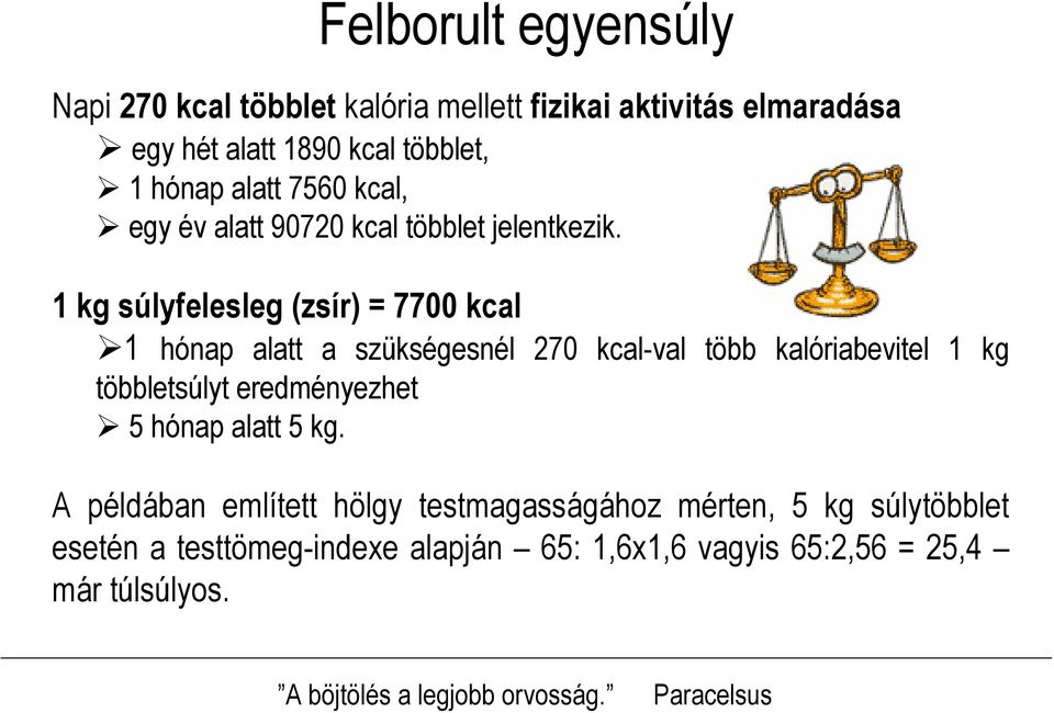 1 kg súlyfelesleg (zsír) = 7700 kcal 1 hónap alatt a szükségesnél 270 kcalval több kalóriabevitel 1 kg többletsúlyt eredményezhet 5