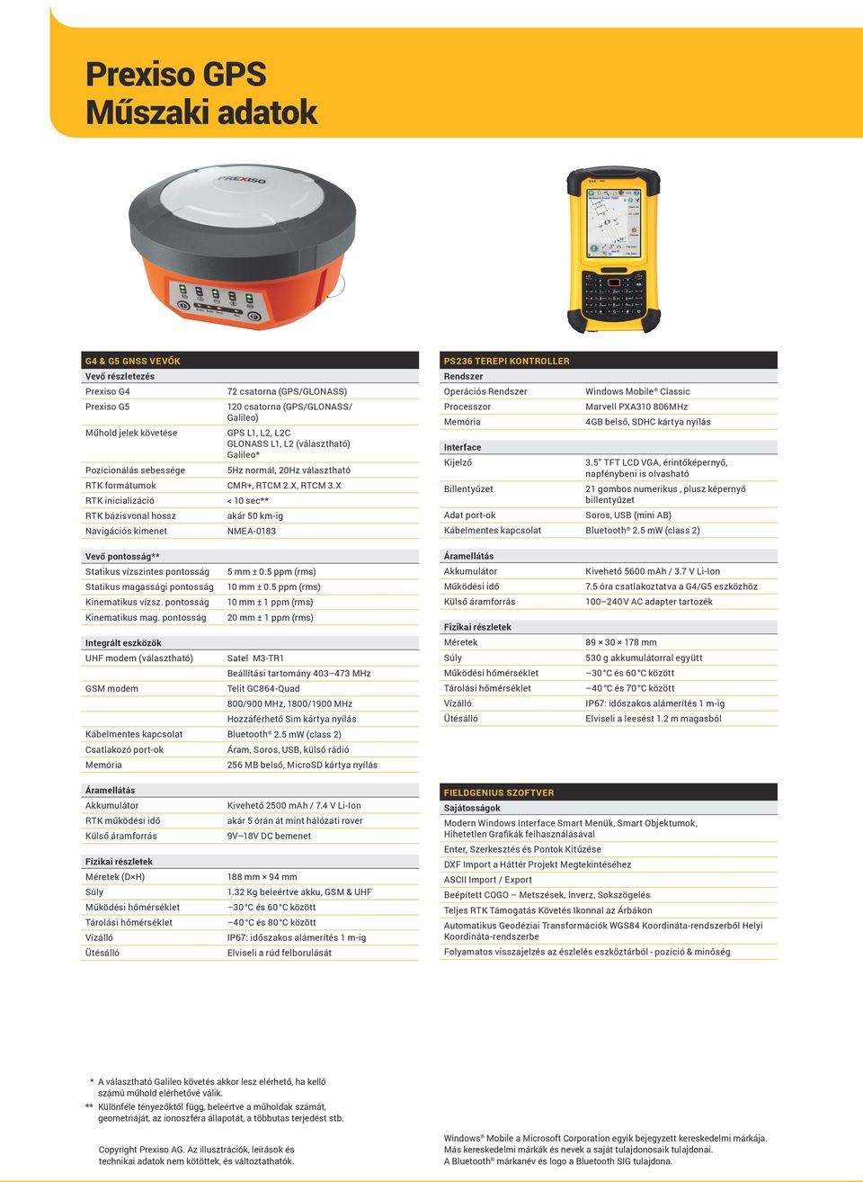 X RTK inicializáció < 10 sec** RTK bázisvonal hossz akár 50 km-ig Navigációs kimenet NMEA-0183 PS236 TEREPI KONTROLLER Rendszer Operációs Rendszer Processzor Memória Interface Kijelző Billentyűzet