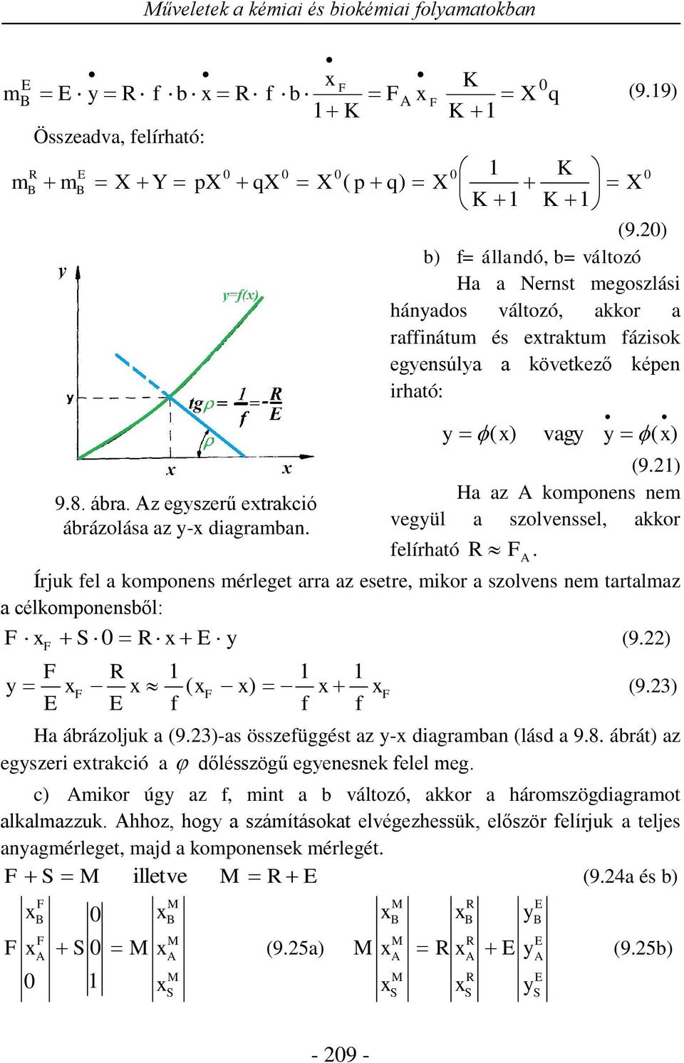 2) Ha az komponens nem vegyül a szolvenssel, akkor felírható R. Írjuk fel a komponens mérleget arra az esetre, mikor a szolvens nem tartalmaz a célkomponensből: y E R 0 (9.22) f f f E R E y ) ( (9.