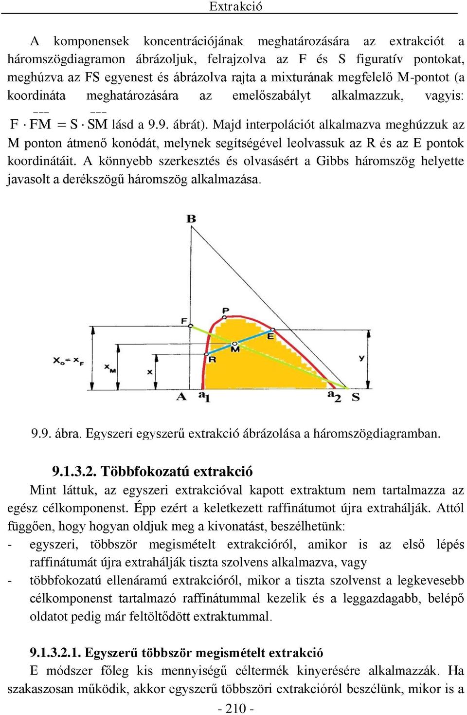 Majd interpolációt alkalmazva meghúzzuk az M ponton átmenő konódát, melynek segítségével leolvassuk az R és az E pontok koordinátáit.