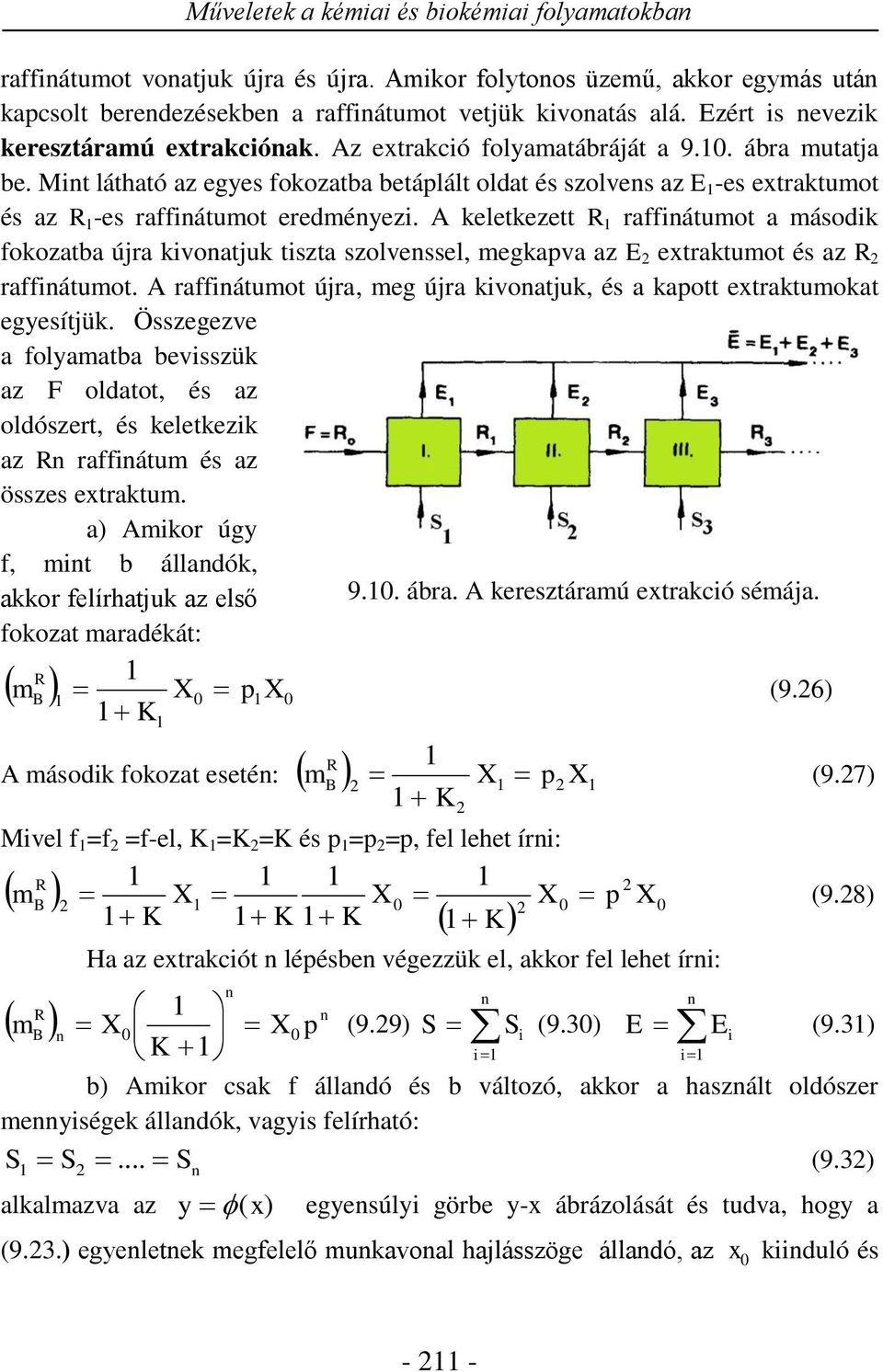 Mint látható az egyes fokozatba betáplált oldat és szolvens az E -es etraktumot és az R -es raffinátumot eredményezi.