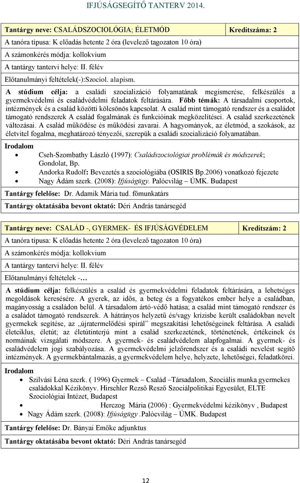 Főbb témák: A társadalmi csoportok, intézmények és a család közötti kölcsönös kapcsolat.