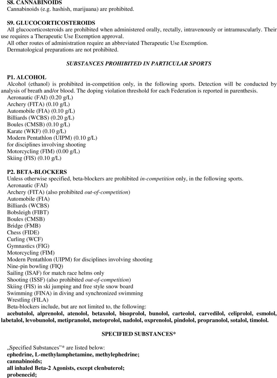 All other routes of administration require an abbreviated Therapeutic Use Exemption. Dermatological preparations are not prohibited. SUBSTANCES PROHIBITED IN PARTICULAR SPORTS P1.