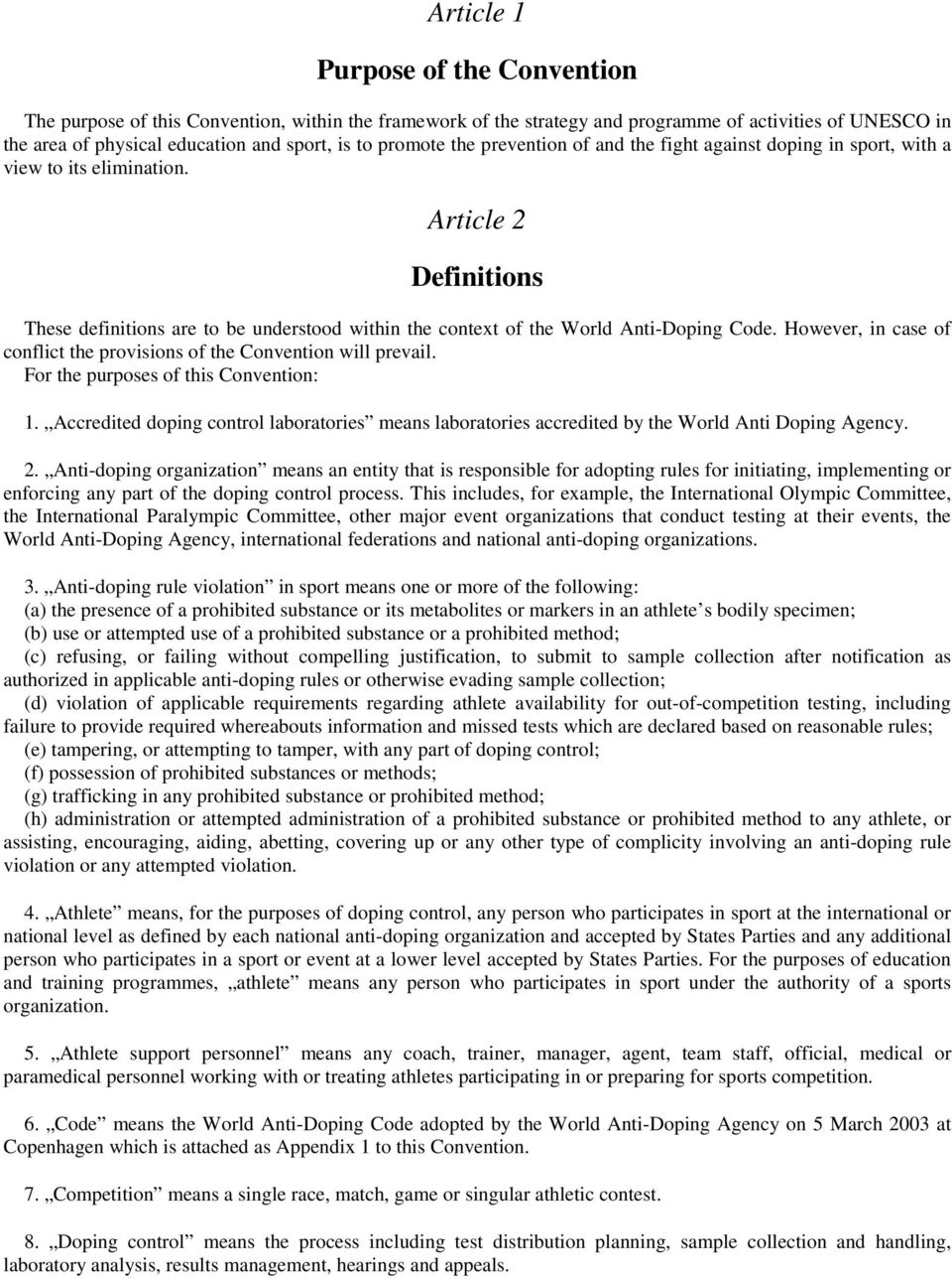 Article 2 Definitions These definitions are to be understood within the context of the World Anti-Doping Code. However, in case of conflict the provisions of the Convention will prevail.