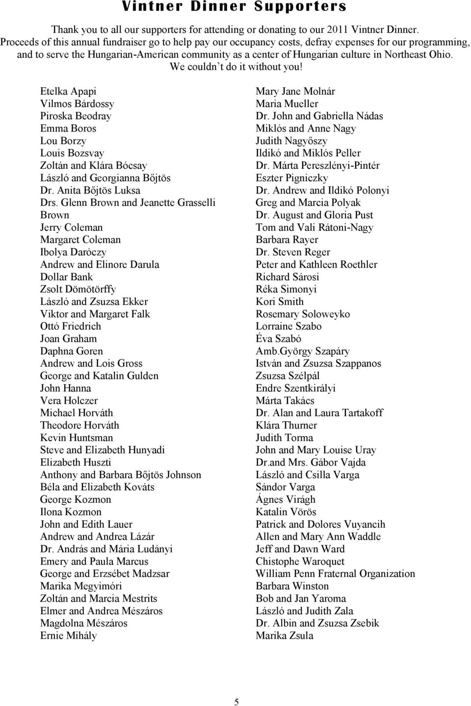 Ohio. We couldn t do it without you! Etelka Apapi Vilmos Bárdossy Piroska Beodray Emma Boros Lou Borzy Louis Bozsvay Zoltán and Klára Bócsay László and Georgianna Bőjtös Dr. Anita Bőjtös Luksa Drs.