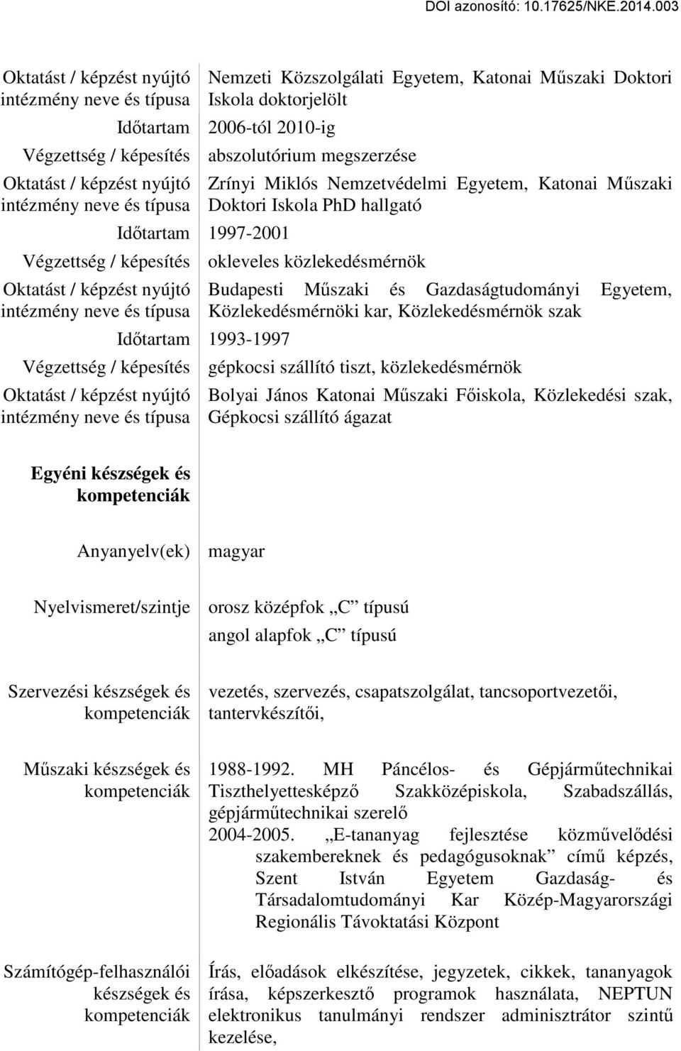 közlekedésmérnök Oktatást / képzést nyújtó intézmény neve és típusa Időtartam 1993-1997 Budapesti Műszaki és Gazdaságtudományi Egyetem, Közlekedésmérnöki kar, Közlekedésmérnök szak Végzettség /