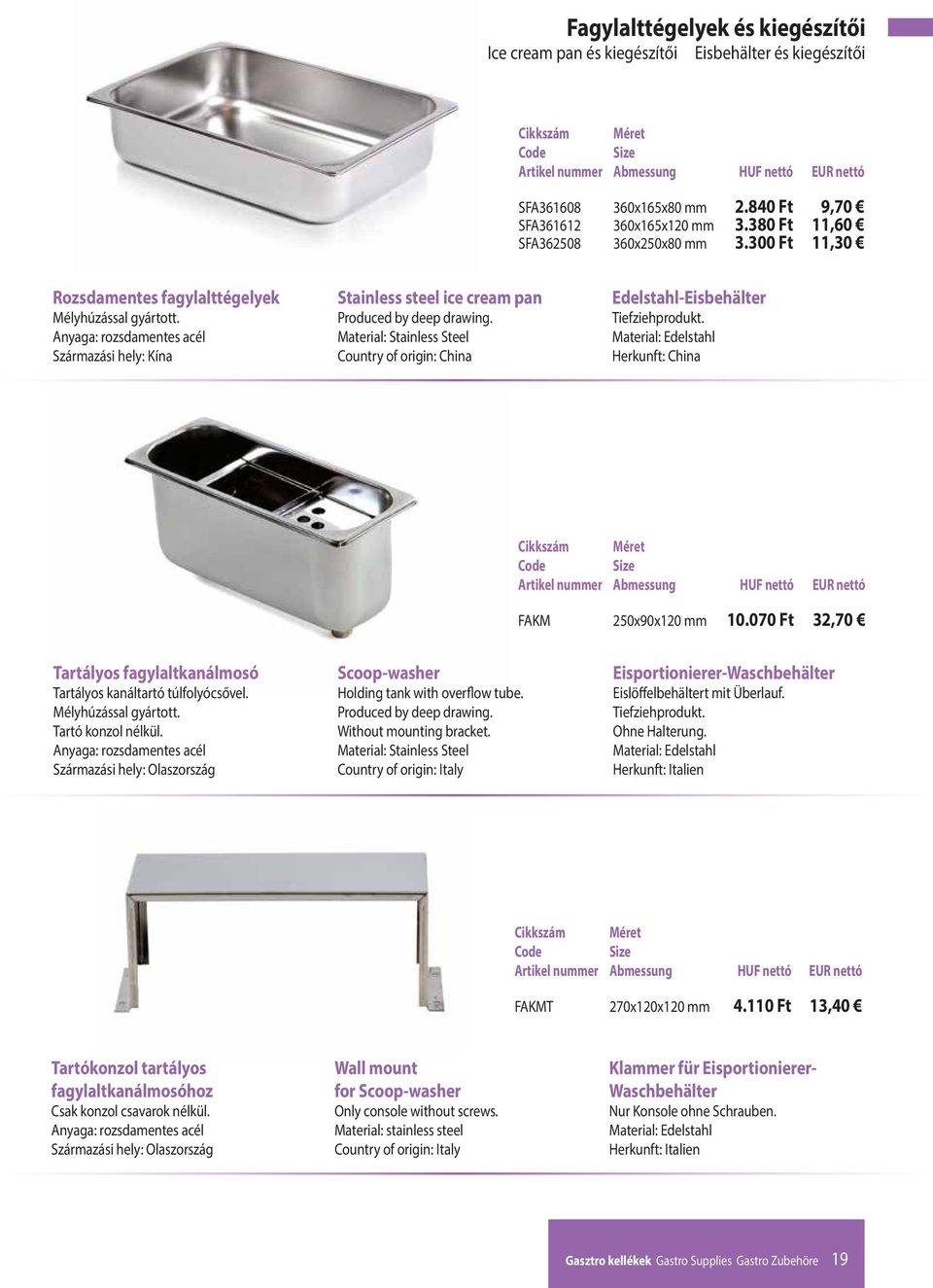 Country of origin: China Edelstahl-Eisbehälter Tiefziehprodukt. Herkunft: China FAKM 250x90x120 mm 10.070 Ft 32,70 Tartályos fagylaltkanálmosó Tartályos kanáltartó túlfolyócsővel.