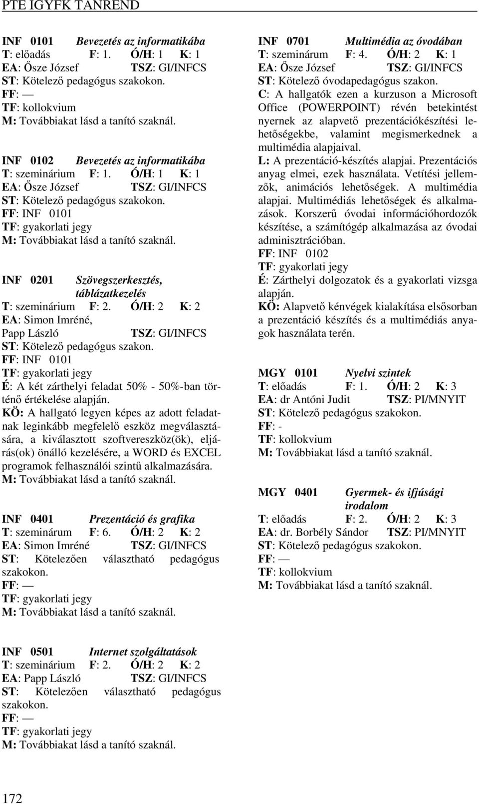 Ó/H: 2 K: 2 EA: Simon Imréné, Papp László TSZ: GI/INFCS ST: Kötelező pedagógus szakon. FF: INF 0101 É: A két zárthelyi feladat 50% - 50%-ban történő értékelése alapján.