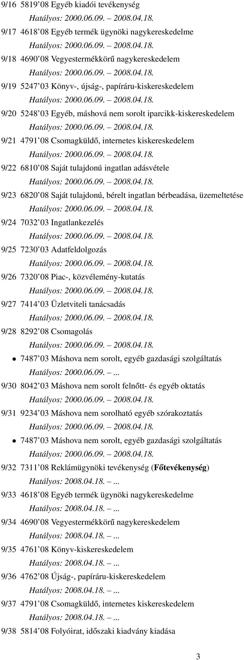 ingatlan bérbeadása, üzemeltetése 9/24 7032 03 Ingatlankezelés 9/25 7230 03 Adatfeldolgozás 9/26 7320 08 Piac-, közvélemény-kutatás 9/27 7414 03 Üzletviteli tanácsadás 9/28 8292 08 Csomagolás 7487 03