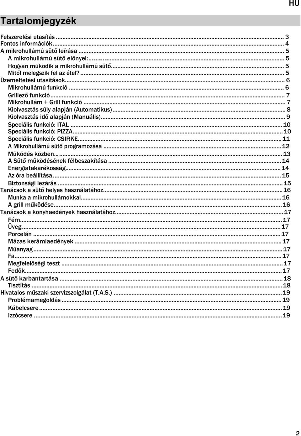 .. 9 Speciális funkció: ITAL... 10 Speciális funkció: PIZZA... 10 Speciális funkció: CSIRKE... 11 A Mikrohullámú sütő programozása... 12 Működés közben...... 13 A Sütő működésének félbeszakítása.