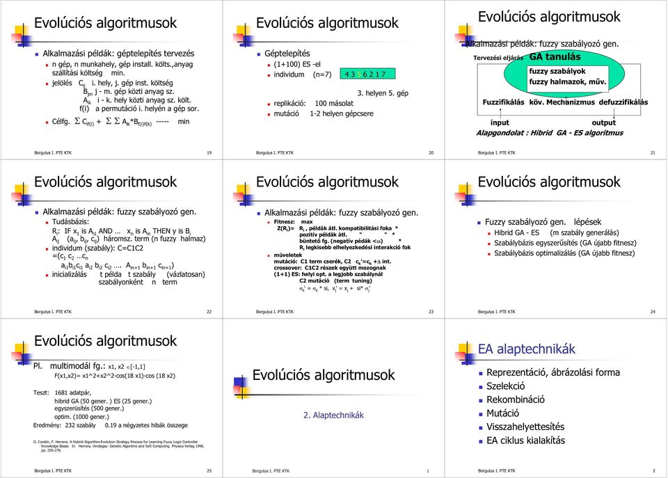 gép replikáció: 100 másolat mutáció 1-2 helyen gépcsere Alkalmazási példák: fuzzy szabályozó gen. Tervezési eljárás GA tanulás fuzzy szabályok fuzzy halmazok, mv. Fuzzifikálás köv.