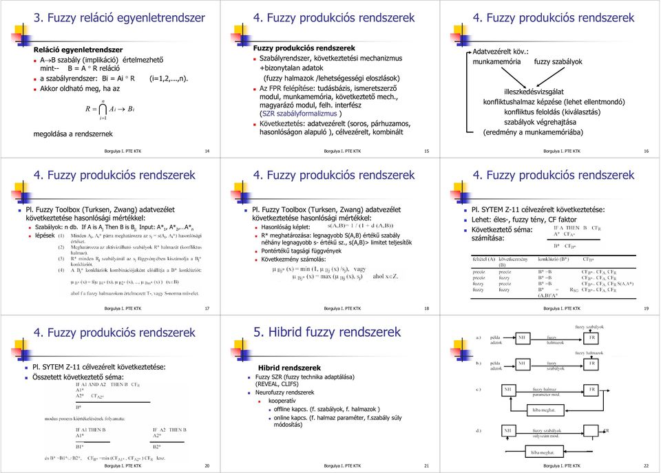 Akkor oldható meg, ha az R megoldása a rendszernek n Ai Bi i1 Fuzzy produkciós rendszerek Szabályrendszer, következtetési mechanizmus +bizonytalan adatok (fuzzy halmazok /lehetségességi eloszlások)