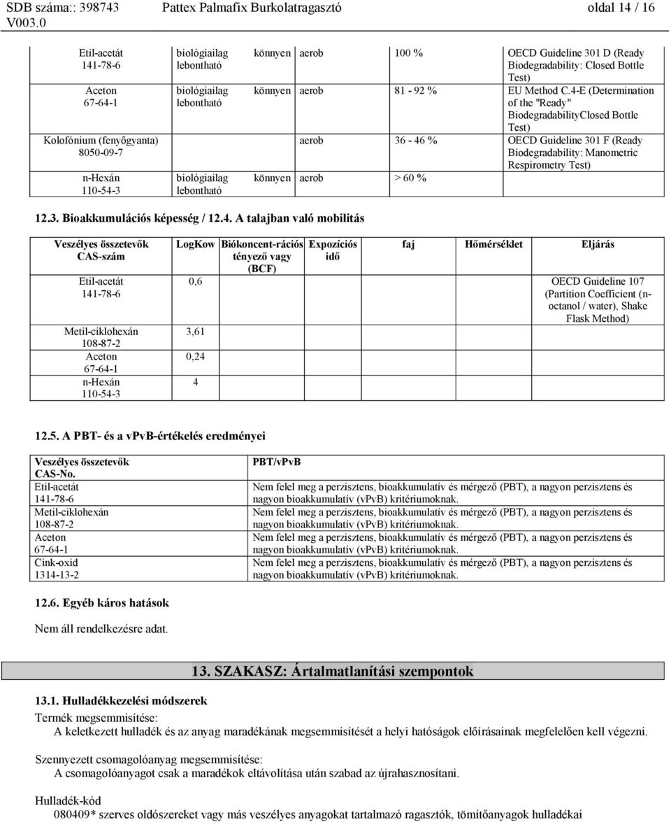 4-E (Determination of the "Ready" BiodegradabilityClosed Bottle Test) aerob 6-46 % OECD Guideline 01 F (Ready Biodegradability: Manometric Respirometry Test) aerob > 60 % 12.