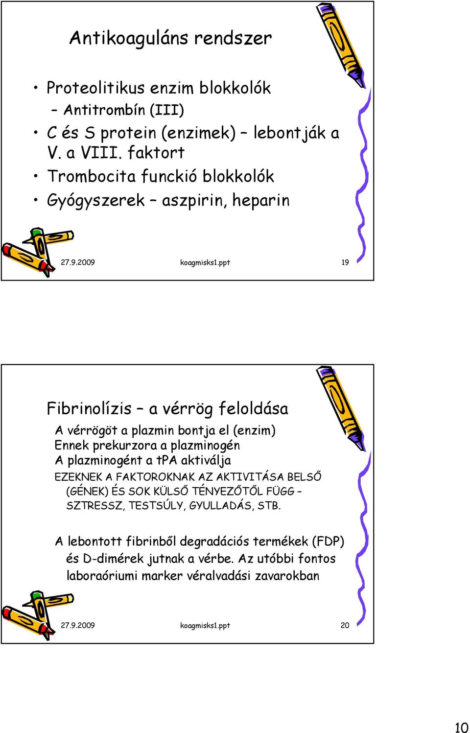 ppt 19 Fibrinolízis a vérrög feloldása A vérrögöt a plazmin bontja el (enzim) Ennek prekurzora a plazminogén A plazminogént a tpa aktiválja EZEKNEK A