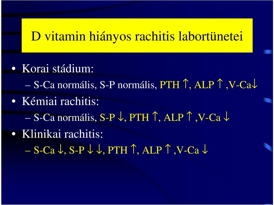 ALP,V-Ca Kémiai rachitis: S-Ca normális, S-P,