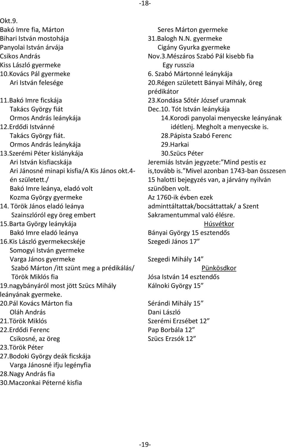 Tót István leánykája Ormos András leánykája 14.Korodi panyolai menyecske leányának 12.Erdődi Istvánné idétlenj. Megholt a menyecske is. Takács György fiát. 28.