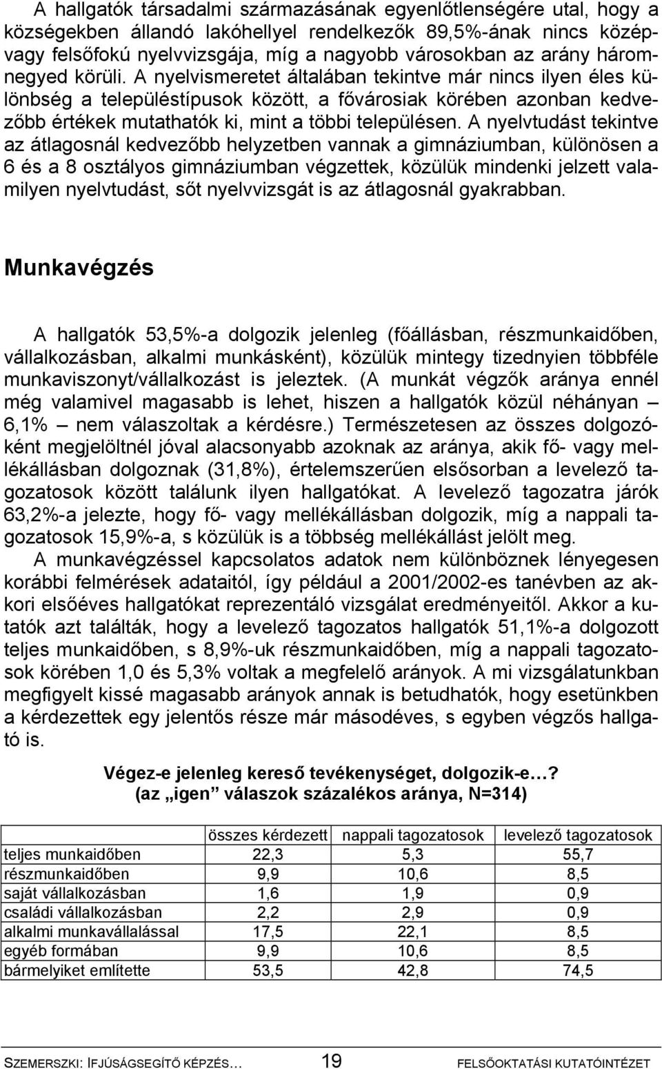 A nyelvismeretet általában tekintve már nincs ilyen éles különbség a településtípusok között, a fővárosiak körében azonban kedvezőbb értékek mutathatók ki, mint a többi településen.