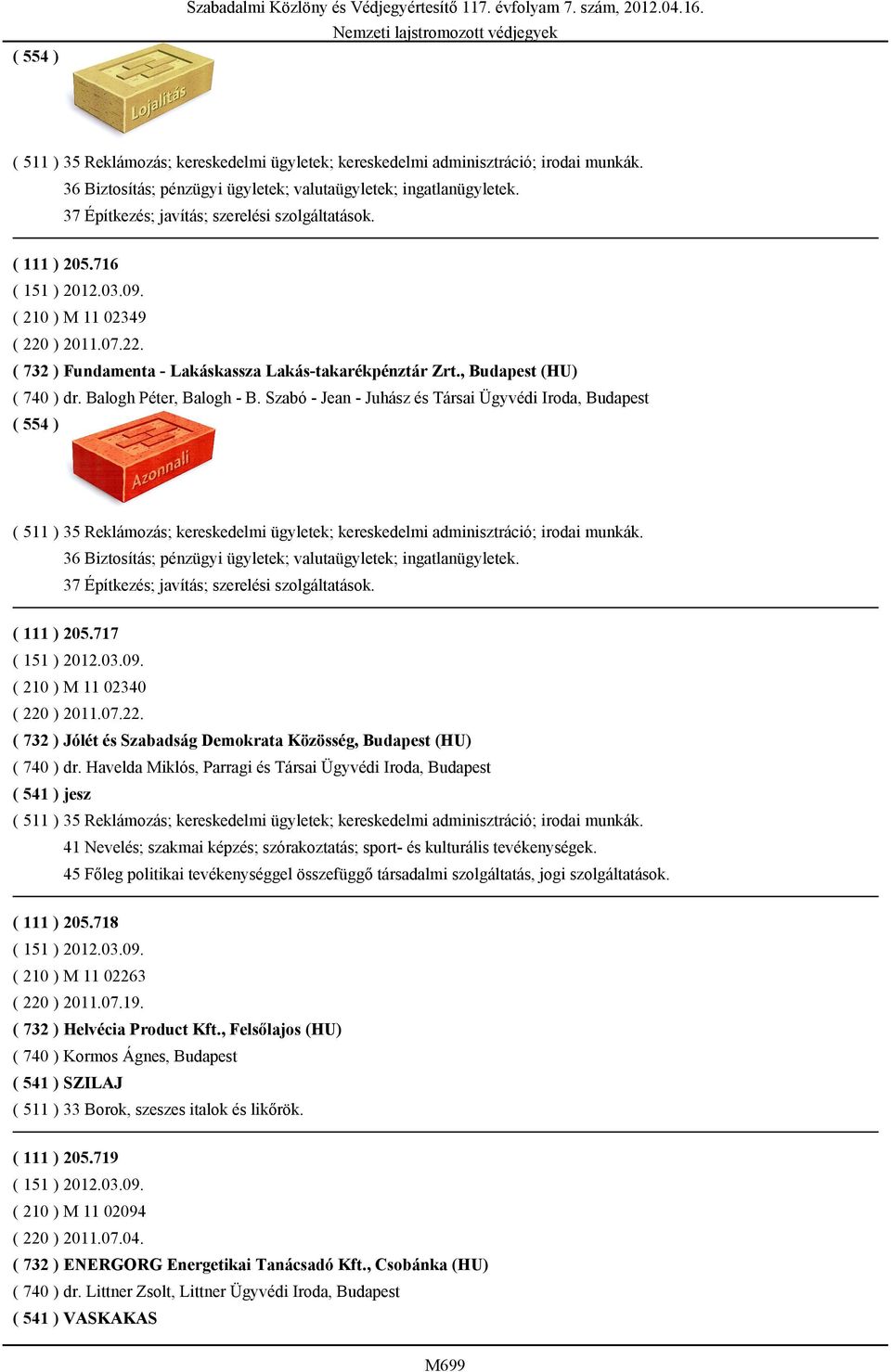 Balogh Péter, Balogh - B. Szabó - Jean - Juhász és Társai Ügyvédi Iroda, Budapest  37 Építkezés; javítás; szerelési szolgáltatások. ( 111 ) 205.717 ( 210 ) M 11 02340 ( 220